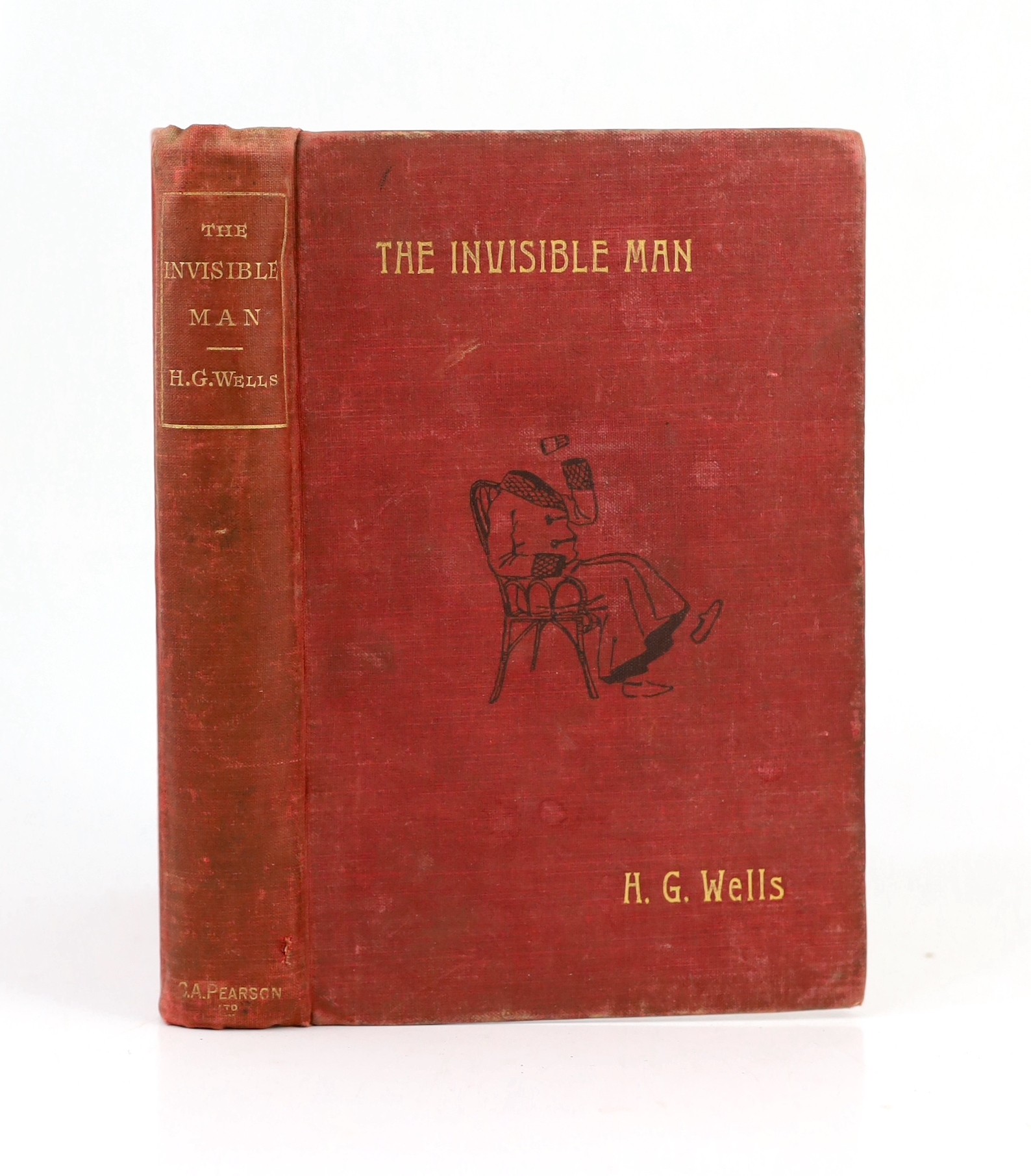 Wells, H.G - The Invisible Man, 1st edition in book form, 8vo, half title, title printed red and black, 2 pages of adverts at end, original pictorial red cloth stamped in black and gilt, inner joints split, final leaf al